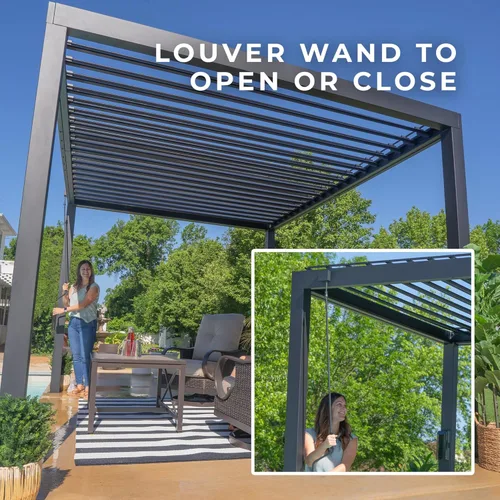 Vista 9 de Backyard Discovery Sarasota - Kit de pérgola con listones de acero galvanizado de 10 x 10 pies con techo ajustable, sombra, protección contra