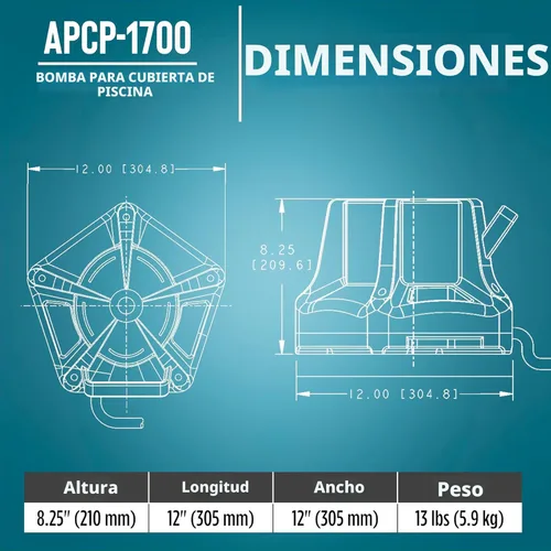 Vista 2 de Little Giant APCP-1700 Bomba de cubierta de piscina de 115 voltios, 1/3 HP, 1745 GPH, automática, sumergible, con cable de 25 pies, azul claro
