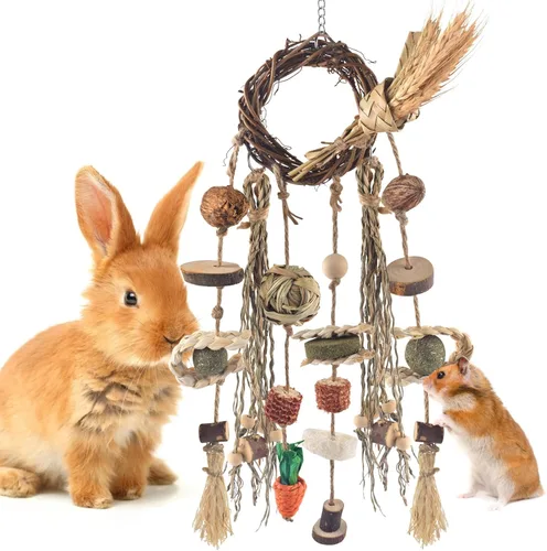 Vista 8 de Bissap Juguete Masticable para Conejos, Juguetes Masticables Colgantes para Jaula de Conejo y Golosinas de Madera con Aperitivos para Conejillos