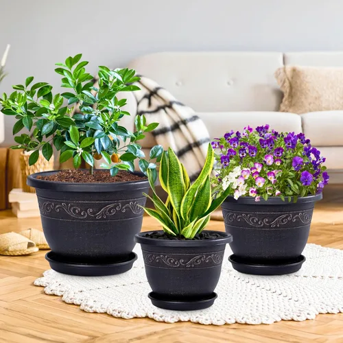 Vista 5 de QCQHDU Macetas retro de 10 pulgadas, paquete de 3 macetas de plástico para plantas de interior y exterior, maceta con orificio de drenaje y platillo