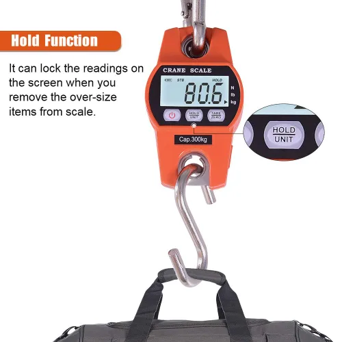 Vista 5 de Fuzion Báscula de grúa de servicio pesado - 660LB, cuerpo de aluminio, gancho de acero inoxidable, pantalla digital grande, básculas colgantes