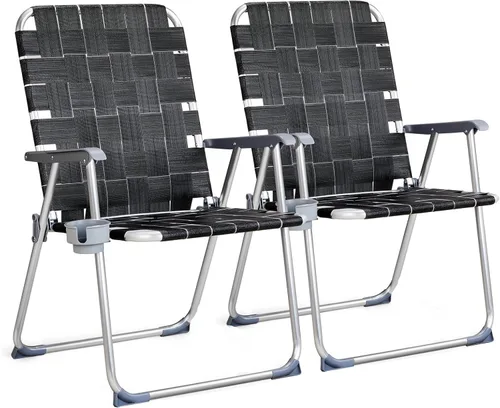 VINGLI Juego de 2 sillas plegables de aluminio de gran tamaño para patio con portavasos desmontable, silla de playa con tejido de red, silla