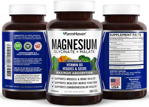 Vista 5 de FarmHaven Complejo de glicinato de magnesio y malato con vitamina D3, 100% quelado para una máxima absorción, vegano – salud ósea, nervios