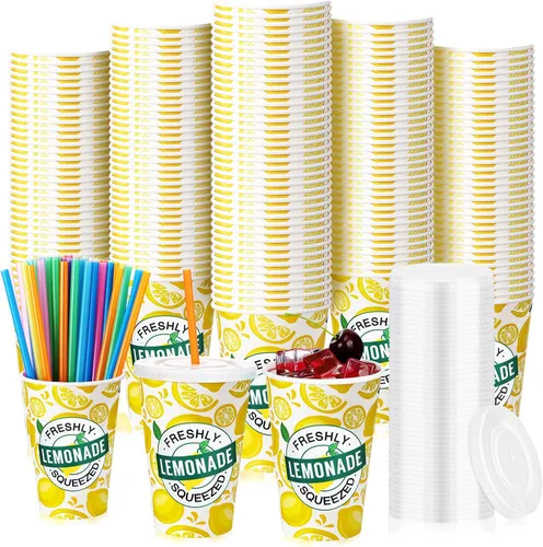 Vista 8 de Meanplan 300 piezas/100 juegos de vasos de limonada con tapas y pajitas, vasos desechables para fiestas, tazas de papel de limón, suministros