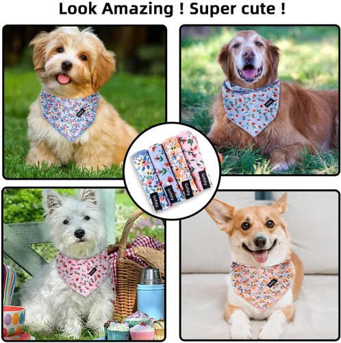 Vista 5 de Pañuelos de primavera para perros pequeños, 4 unidades, bandana para cachorros, naranja, rosa, azul, estampado floral, babero, pañuelo, bufanda