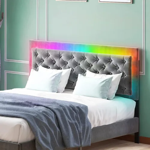 Vista 9 de BALUS Base de cama tamaño King, marco de cama LED RGB de terciopelo con cabecera ajustable, marco de colchón tapizado con cabecera capitonada