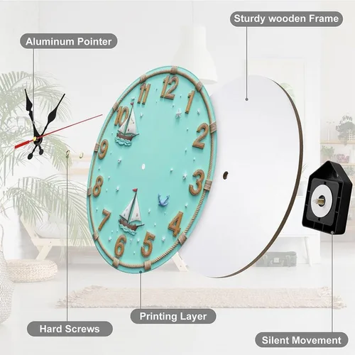 Vista 7 de Nautical Clock with Sailing Ships 2D 12 Inch Silent Wall Clock, Frameless Wooden Round Clock with Quartz Movement for Bathroom, Kitchen, Living