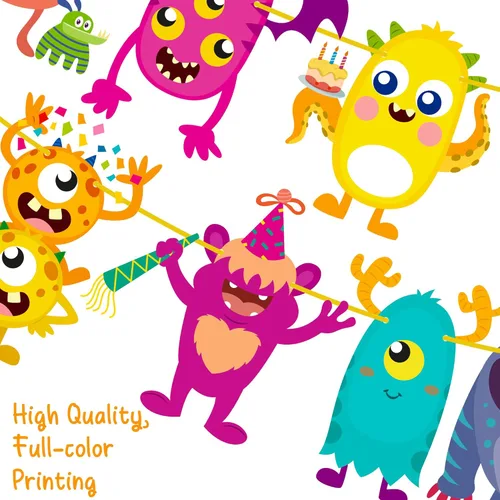 Vista 4 de Cartel y guirnalda de Little Monster – Suministros de fiesta temática de monstruo para cumpleaños y baby shower