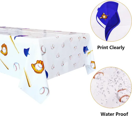 Vista 7 de Paquete de 4 manteles con temática de béisbol, manteles desechables de plástico para decoración de fiesta, 51 x 86 pulgadas, mantel rectangular