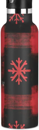 Kids Water Bottle for School, Kids Water Bottle Stainless Steel for Travel or School 20 Oz, BPA-Free, Red Snowflakes Black Buffalo Plaid