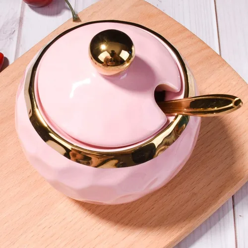 Vista 2 de Azucarero de cerámica con cuchara en forma de golf, recipiente de sal de cerámica con tapa para el hogar y la cocina (rosa)
