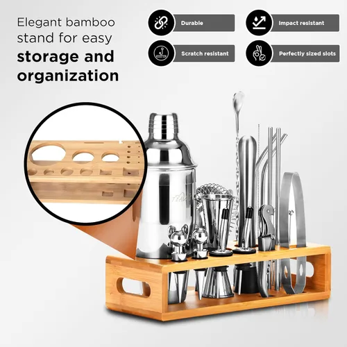 Vista 4 de Mixology - Kit de camarero con jigger japonés y soporte de bambú, juego de 25 piezas de acero inoxidable para hacer cócteles, coctelera, colador