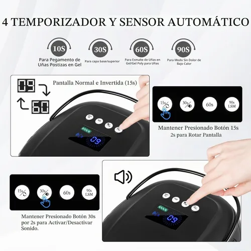 Vista 5 de Lámpara de uñas LED UV recargable de 126 W, secador de uñas inalámbrico portátil con sensor automático y 4 ajustes de temporizador, lámpara de Negro