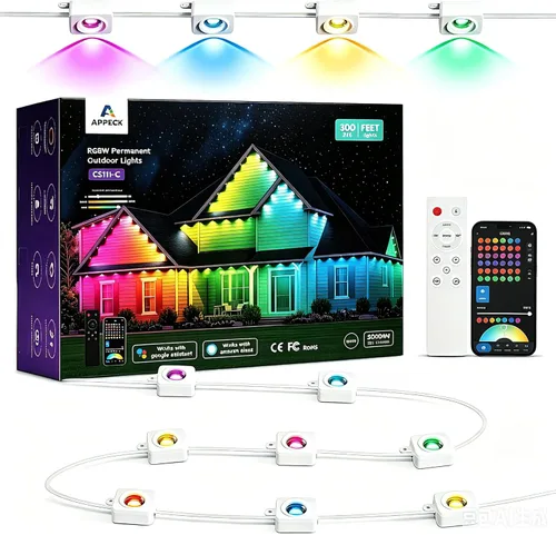 Vista 13 de APPECK Luces Permanentes para Exteriores de 200 pies con 144 luces LED, 72W, luces inteligentes RGBW para aleros, DC 36V, 40LM, luces de cadena