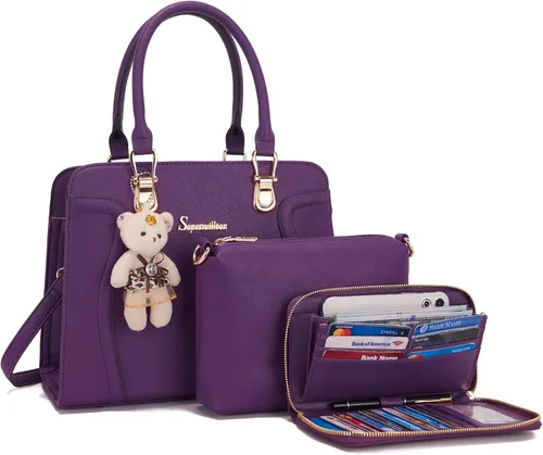 Vista 16 de Soperwillton Monederos para mujer, bolso cruzado de hombro, asa superior, bolsa de mano, cartera, juego de 3 piezas Wallet, Set, 3pcs