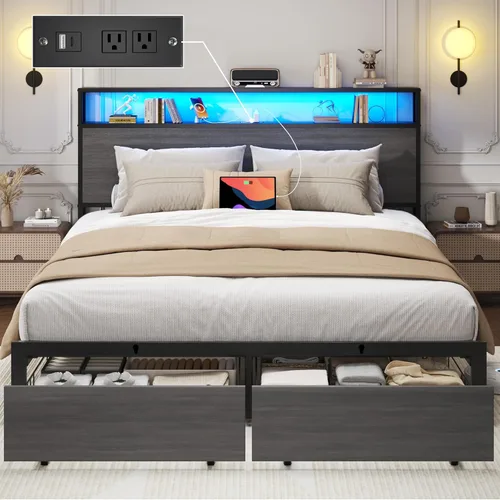 Vista 11 de Lifezone Base de cama matrimonial con cabecera de almacenamiento de 2 niveles, marco de cama de metal con cajones de almacenamiento, estación