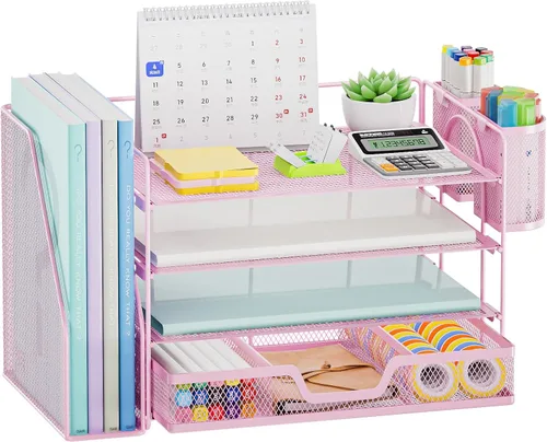 Marbrasse Organizador de escritorio y accesorios, organizador de bandeja de papel de 4 niveles con soporte para archivos, accesorios organizadores