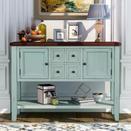 Vista 11 de Merax Mesa de buffet de madera con estante de almacenamiento, 2 cajones y armarios, gabinete de barra de café para sala de estar, comedor, cocina