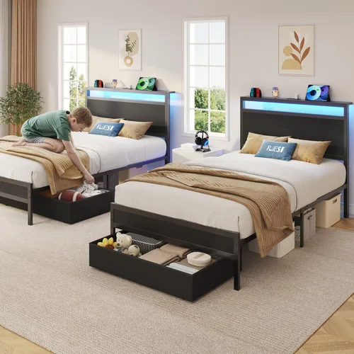 Vista 8 de Fluest Base de cama individual, base de cama individual con cabecera de almacenamiento y cajón de almacenamiento, estación de carga y luz LED,