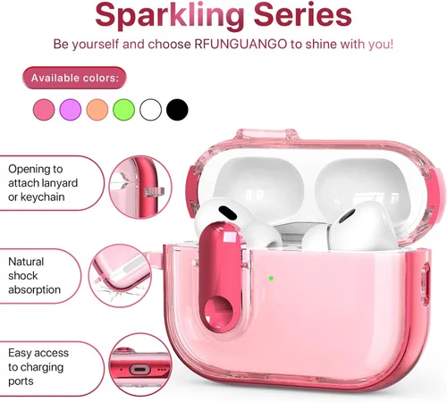 Vista 3 de RFUNGUANGO Estuche para AirPods Pro 2 para Mujeres con Candado de Seguridad, TPU Suave con Kit de Limpieza y Cordón, Compatible con Estuche