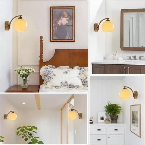 Vista 6 de Brushed Brass Wall Sconces 1 Light Mid Century Modern Antique Gold Wall Light Fixture with Yellow Globe Glass Shade Industrial Indoor Wall Lamps for