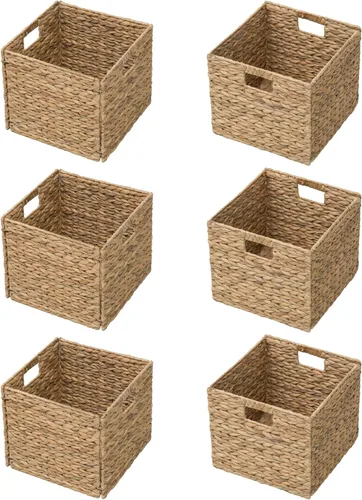 Vista 21 de eHemco Cestas grandes cuadradas de mimbre de jacinto tejido para despensa con marco de alambre de hierro, 11"x11"x10", natural, juego de 2