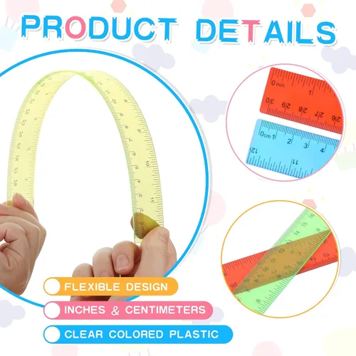 Vista 3 de 30 reglas flexibles de plástico a granel de 12 pulgadas, reglas flexibles con pulgadas y centímetros, regla para niños, herramientas de dibujo