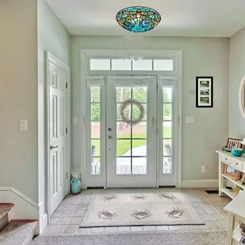 Vista 4 de ARTZONE Tiffany - Lámpara de techo de vitral, 3 luces de 16 pulgadas, lámpara de techo Tiffany de montaje empotrado para dormitorio, comedor, sala