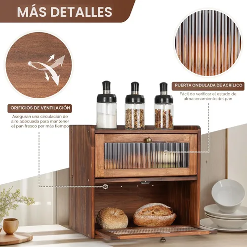 Vista 2 de Sunhoo Panera para encimera de cocina, contenedor de almacenamiento de pan de madera, contenedor de almacenamiento de pan de 2 capas, soporte