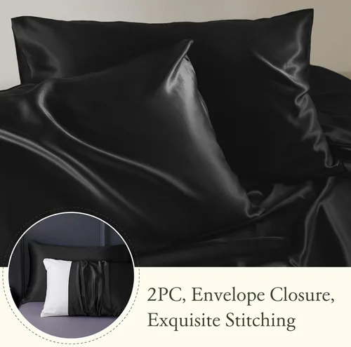 Vista 5 de LilySilk Juego de sábanas bajeras de 3 piezas, 100% seda de morera grado 6A, 2 fundas de almohada y 1 sábana bajera, bolsillo profundo de 16 Negro
