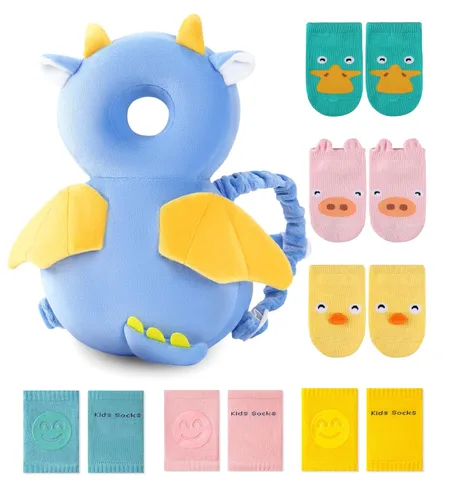 Vista 10 de JunNeng Mochila protectora de cabeza de bebé para niños pequeños con rodilleras y calcetines antideslizantes, ángel