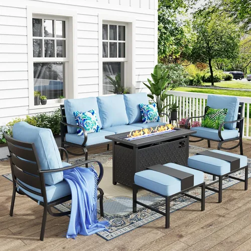 Vista 21 de MFSTUDIO Juego de muebles de patio de 6 piezas con mesa de fogata de gas de 45 pulgadas (hasta 7 asientos), sofás de conversación de patio con marco