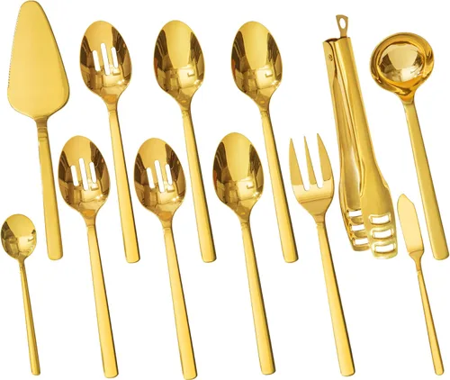 Vista 7 de KINGSTONE Juego de utensilios de servir para anfitriona grande, 18/10 de acero inoxidable resistente cucharas de servir de 10 pulgadas, cucharas