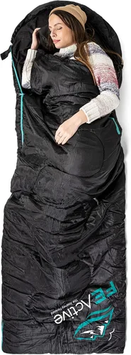 Vista 3 de FE Active Saco de dormir para acampada – 3-4 estaciones extra largo o ligero con capucha, cálido al aire libre, compacto y ligero, saco de dormir