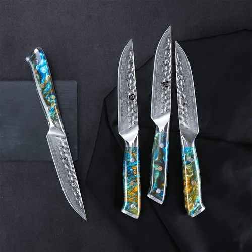 Vista 4 de WILDMOK Juego de cuchillos para carne, 4 piezas de espiga completa de 5 pulgadas, cuchillos de cena de acero de Damasco forjado de espiga completa