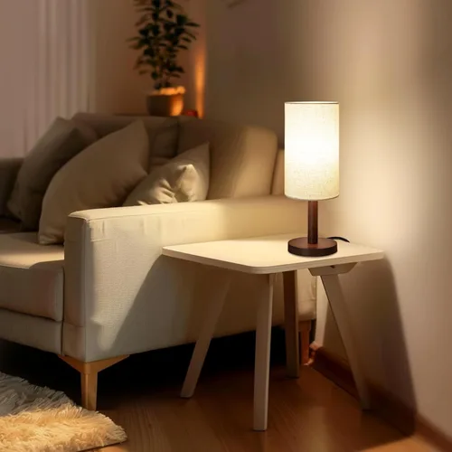 Vista 5 de LALISU Lámpara de mesa pequeña para mesita de noche, pantalla de lino, para dormitorio, base de madera, pequeña lámpara de noche para mesitas