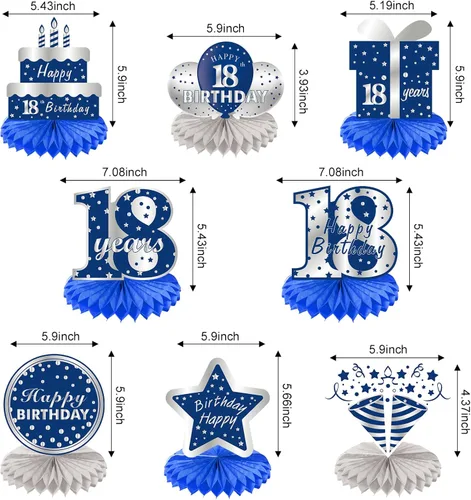 Vista 15 de Kauayurk - 8 centros de mesa de panal azul plateado para décimo cumpleaños de niños, suministros de fiesta de cumpleaños para decoración de mesa