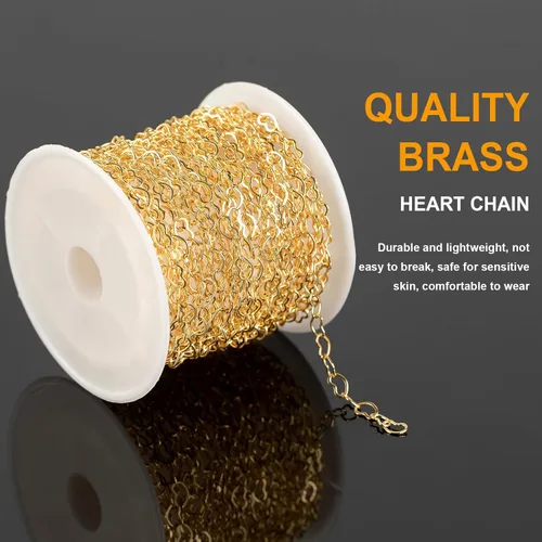 Vista 3 de KYUNHOO Cadenas de corazón chapadas en oro de 18 quilates de 16.4 ft de latón macizo a granel, cadena de collar de corazón para mujer, pulsera