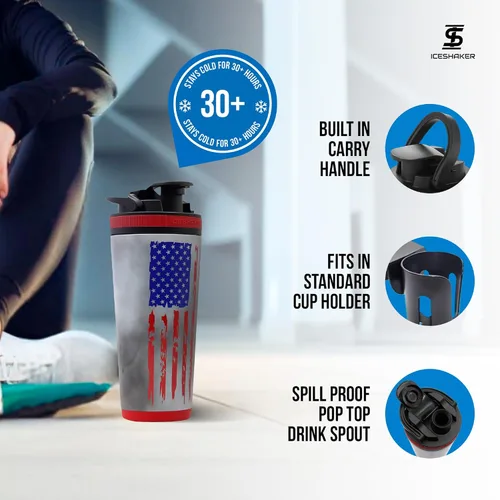 Vista 2 de Ice Shaker Botella agitadora aislada de acero inoxidable, 26 onzas, bandera estadounidense, fría durante más de 30 horas, taza aislada con agitador