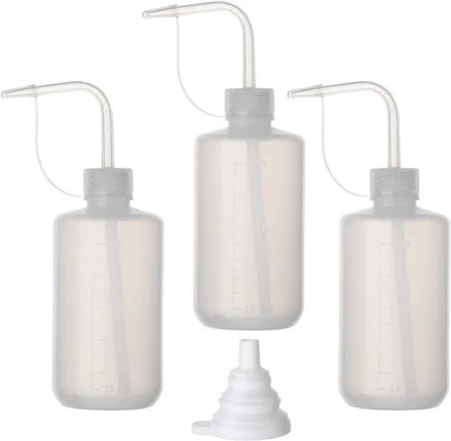 Hyber&Cara Botella de lavado de seguridad con tapa, 3 unidades, 8.5 fl oz, botella de plástico para riego de plantas, para laboratorio con 1 embudo