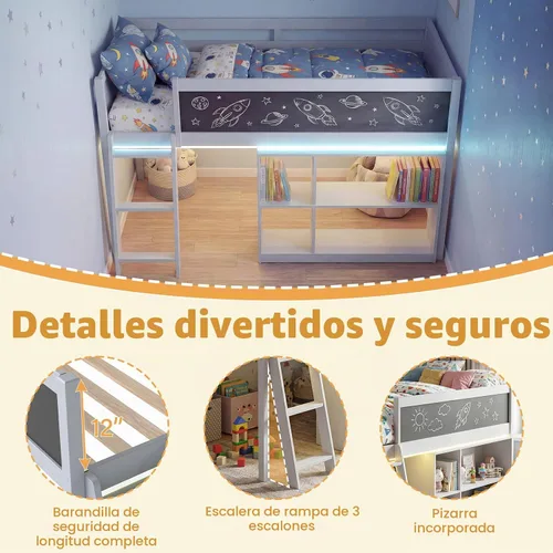 Vista 5 de KOMFOTT Cama baja de tamaño individual con luces LED, marco de cama loft de madera para niños con escalera, barandilla de seguridad de longitud Gris