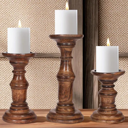 Vista 23 de Portavelas de madera para velas de pilar, columnas torneadas redondeadas, maderas sostenibles, estilo campestre, ideal para reiki, aromaterapia