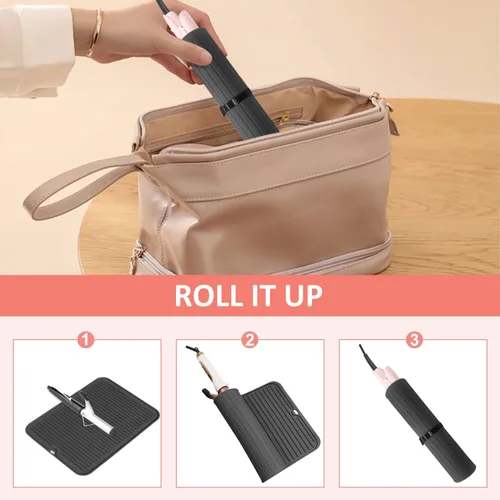 Vista 6 de Quccefods Alfombrilla grande de silicona resistente al calor para herramientas de cabello: rizador, plancha, alisador de pelo - Funda portátil