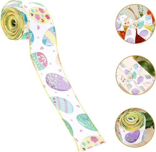 Vista 7 de Easter Wired Edge Ribbon 2-inch Broad 5-Yard Roll Spring Fabric Ribbon for Wrapping, Craft Making, and Holiday Decorations