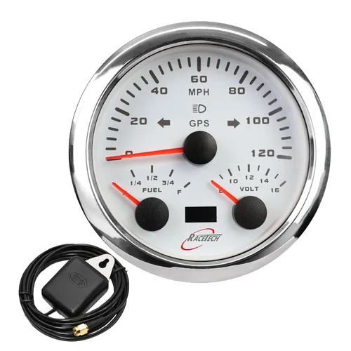 Vista 13 de RACETECH 85mm (3-3/8") 120 MPH Velocímetro GPS eléctrico - Esfera negra con LED de 7 colores, impermeable, aro de acero inoxidable, 12V/24V