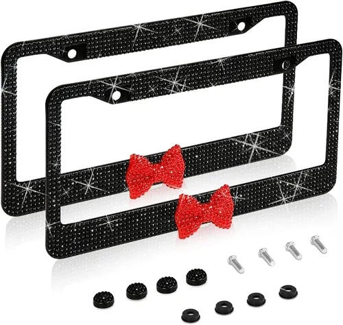 Vista 8 de Marco de matrícula brillante, marco de matrícula de acero inoxidable premium hecho a mano con diamantes de imitación brillantes, cristal