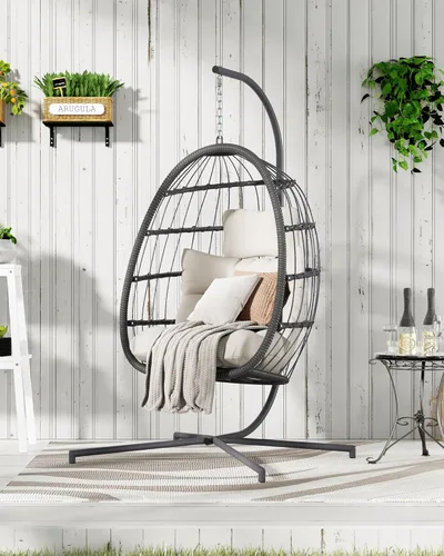 FREDEES Silla columpio de huevo con soporte, silla colgante para exteriores con cojín para patio, porche, balcón, interior (beige)