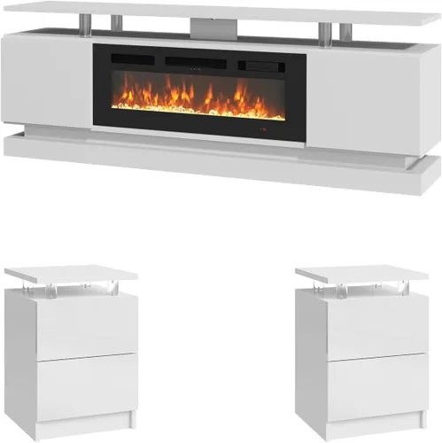 Vista 11 de Juego de Mesa Moderno Incluye Soporte de TV con Chimenea de 70" y Mesa de Centro de 47" con Estación de Carga y Puertos USB, para Sala de Estar