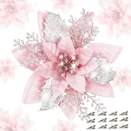 Vista 10 de LumBelle 24 piezas de flores artificiales de Navidad con purpurina de 5.9" con clips para árbol de Navidad, corona de Navidad DIY, adornos para Azul