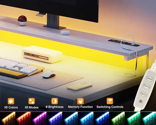 Vista 11 de ODK Escritorio pequeño para computadora de 40 pulgadas con 3 cajones y tomas de corriente USB, escritorios de oficina en casa con luces LED